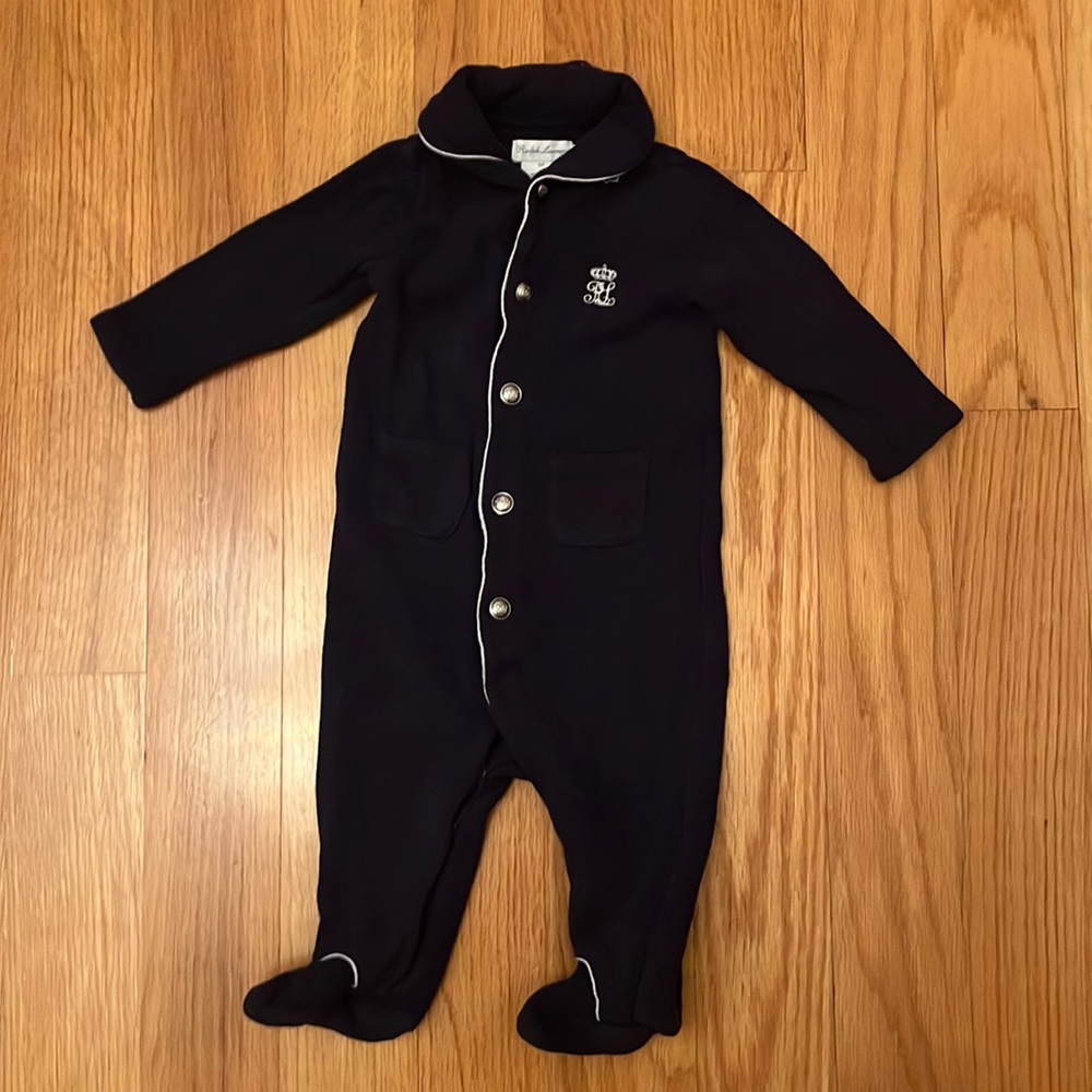 Ralph Lauren Baby Boy One Piece Footie Navy Blue and White trim Size 6 Months